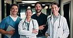 Face, team or doctors with tablet in hospital, healthcare professional or confidence for patient care. Portrait, medical staff and happy people with collaboration for wellness support, tech and pride
