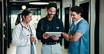 Medical, happy or team in hospital with tablet, good news or positive feedback on treatment plan. Healthcare, collaboration or doctors with tech, clinical approval or research breakthrough in lobby.