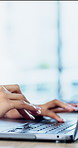 Hands, laptop and typing with project at office with review, notes and claims at insurance company. Person, broker and advisor with computer, report or space with career at risk management agency
