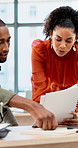 Man, woman and documents with laptop at office for planning, review and insight at company. Business people, paperwork and admin with talk, team or project management with report at creative agency