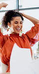 Celebration, woman and paperwork in air for project success, investment deal or good news. Clapping, business people and throw documents in office for team achievement, company growth or goals