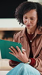 Woman, multitask and tablet for remote work from home with typing, notes and kids in living room. People, freelance job and tech on application, review proposal or report for project at family house