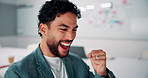 Fist pump, tablet and businessman in office with good news, bonus or investment profit on email. Cheering, winning and financial manager with digital technology for finance report with revenue growth