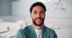 Creative, face and funny with designer man in office for about us, friendly reaction or opportunity. Design, laughing and job satisfaction with happy employee in artistic workplace for agency career