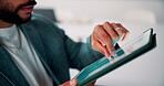 Hands, property and tablet screen with business man in office for review of commercial building. App, development and scrolling with employee in civil engineering career for real estate management