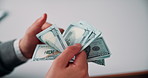 Businessman, hands and count money in office with financial currency, savings and company investment. Person, capital funding and dollar bills in workplace with cash assets, profit and finance audit.