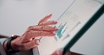 Tablet screen, graphs and hands of businesswoman in office with research for finance report. Digital technology, statistics and financial manager with charts for company revenue growth in workplace.