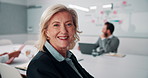 Meeting, happy or woman in agency with face, pride or opportunity in budget analysis. Laugh, portrait or mature finance analyst in office with confidence, ambition or about us in revenue management.