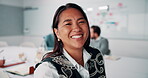 Meeting, smile or woman in office with face, about us and opportunity in budget analysis. Happy, business or finance director in boardroom with laugh, confidence or ambition in revenue management.