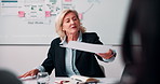 Documents, discussion and business people with candidate in office for recruitment process. Meeting, onboarding and applicant with HR panel for paperwork with job offer, partnership and hiring