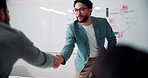Handshake, interview and business people with candidate in office for recruitment process. Meeting, onboarding and applicant with HR panel for shaking hands with job offer, agreement and hiring