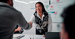Shaking hands, applause and business people in office for meeting with finance deal or partnership. Agreement, clapping and financial advisors with handshake for congratulations, review or investment