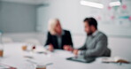 Blur, people and meeting in office for finance, business planning and budget update. Accountant, advisor and team in agency for financial strategy, discussion or brainstorming for company development