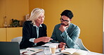 Documents, feedback and meeting with business people in office together for development or training. Explain, paperwork and review with woman speaking to man at work for planning, report or research