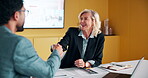 Handshake, meeting and smile of business people in office with agreement, deal or success. Collaboration, partnership and woman shaking hands with man in workplace for contract, thank you or welcome