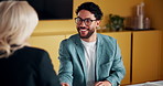 Deal, handshake and smile of business people in office with agreement, meeting or success. Partnership, teamwork and woman shaking hands with man in workplace for contract, thank you or welcome