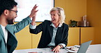High five, meeting and smile of business people in office with agreement, deal or success. Collaboration, partnership and woman in celebration with man at work for company goals, milestone or target