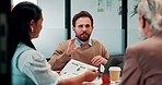 Finance, manager or team in firm with meeting, budget analysis or evaluation of funding strategy. Discussion, people or data analyst with paper, metric review or forecast plan in investment proposal.
