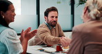 Business, people and handshake in office with applause, b2b collaboration or marketing contract deal. Coworker, clap and client shaking hands in agency with agreement, teamwork or advertising success