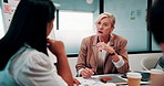 Finance, review or team in office with meeting, budget analysis or feedback on funding strategy. Discussion, people or data analyst with paper, metric briefing or forecast plan in investment proposal