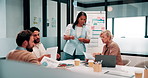 Woman, presentation and people in office with documents, data analysis and market research for sales. Person, talk and team in business with paperwork, stats and graphs for revenue growth forecast.