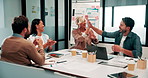 Applause, high five and meeting with business people in boardroom for review of finance data. Celebration, success and wealth management with employee team in financial office for statistics feedback