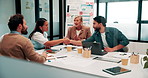 Deal, handshake and meeting with business people in boardroom for review of finance data. Agreement, conversation and wealth management with team shaking hands in financial office for investment goal