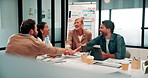Business, people and hands stack in office with applause, teamwork and stats for investment success. Happy, coworkers and celebration with data analysis, graphs and clapping for funding opportunity.