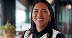 Confident, face and businesswoman with smile in office, public relations or happy for career growth. Pr specialist, portrait and person with pride, laughing and creative opportunity in business