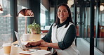 Face, laptop and happy woman in cafe for remote work, confidence or financial consultant with pride. Portrait, computer or Asian person in coffee shop for freelance business, wealth advisor and smile