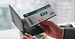 Passport, travel and airplane ticket in hands for flight booking, compliance or transport. Business, trip or person with info on paper for holiday, vacation or identity and departure time check