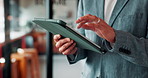 Business person, tablet and scroll with hands in cafe, property developer and online plan for restaurant renovation. Real estate, investor and review of digital blueprint, coffee shop and remodel