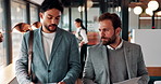 Business men, office and walking with documents, discussion or planning for proposal pitch meeting. Teamwork, paperwork and conversation for talking points, presentation strategy or prepare in lobby