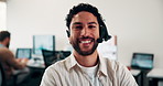 Face, smile and man in call center for technical support, coworking and virtual assistance. Headset, portrait and happy consultant on hotline for help, customer care and contact us for IT service