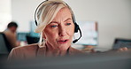 Contact us, call center or woman with computer for customer support, coworking and loan inquiry. Headset, talking and mature consultant on hotline for help, banking assistance and account feedback