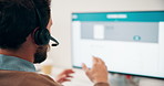 Talking, call center or man with computer screen for technical support, virtual assistance and back. Headset, tech and consultant on hotline for help, software troubleshooting and customer service