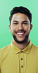 Face, confident and man on green screen with smile, career growth and opportunity for marketing job. Happy, person and employee in studio with creativity, pride and about us for advertising company.