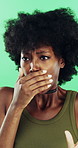 Sick, woman and cough on green screen with chest pain, respiratory infection or symptoms of hantavirus. Black person, flu or medical problem in studio with asthma attack, health issue or lung disease