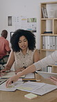 Woman, sticky note and tablet for discussion, brainstorming or office strategy planning. Creative business people, glass wall and mood board for schedule, project management or proposal meeting