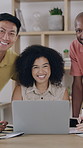 Happy, laptop and face of business people in office with confidence for creative career with teamwork. Smile, computer and portrait of magazine editors with pride for company about us in workplace.