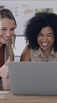 Team, laptop and video call with thumbs up in office for performance review or vendor discussion. Business people, event planner and agreement for conference, communication and creative seminar