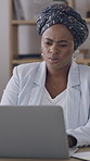 Confused, laptop and black woman in office with research for finance report with budget planning. Technology, reading and African female financial manager with computer for investment proposal error.