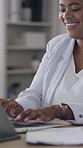 Happy, woman and typing in office with laptop, HR administration and email for talent acquisition. Coworking, person and recruitment specialist in business with computer, smile or human resources job