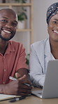 Happy, face and black people in office with laptop, notebook and collaboration for human resources job. Coworkers, smile and computer in business with partnership, HR meeting and diary for admin.