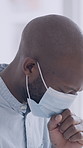 Medical, face mask or black man with coughing, sick or breathing discomfort with virus protection. Healthcare, space or person with illness, chest pain or respiratory issue with infection prevention.