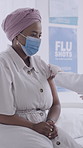 Injection, checkup and doctor with woman in clinic for flu shot, treatment or vaccination. Consultation, needle and hands of healthcare worker with female patient for medical syringe for medication.