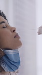 Woman, doctor and swab for sample with nose at clinic with test, check and hantavirus assessment. People, medical professional and patient with equipment, tools or face mask for illness at hospital
