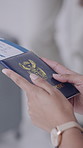 Travel, passport and hands with boarding pass, departure details or flight ticket at airport. Tourism, woman or tourist with trip confirmation, identity documentation or permit in border control.