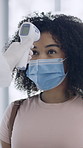 People, face mask and boarding with thermometer for screening, security or safety check in pandemic. Group, line or passengers in row with scanner on forehead for health exam, protocol or compliance