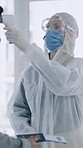 Ppe, passenger and woman with thermometer in airport, health check and travel documents for boarding. Vaccine report, safety protocol and people with temperature screening for entry, tech and mask